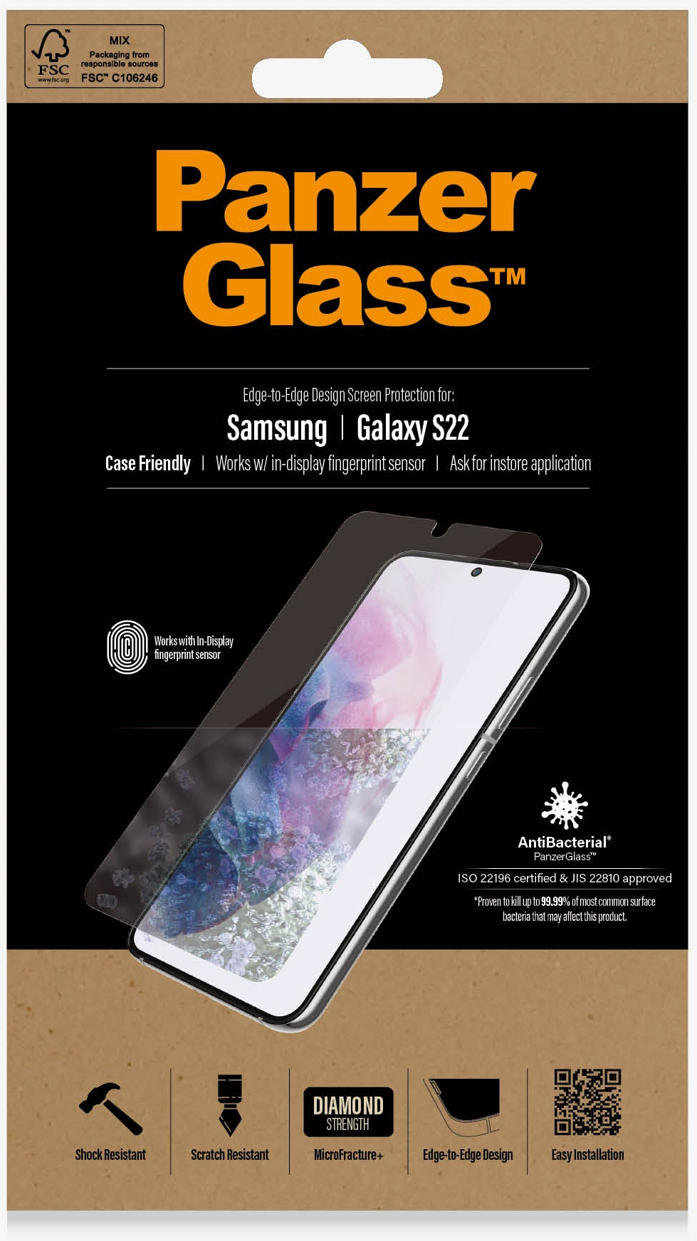 Samsung Galaxy S22 5G Antibakterielle Panzer Glas Displayschutz Case Friendly mit Rahmen (7293) - Schwarz