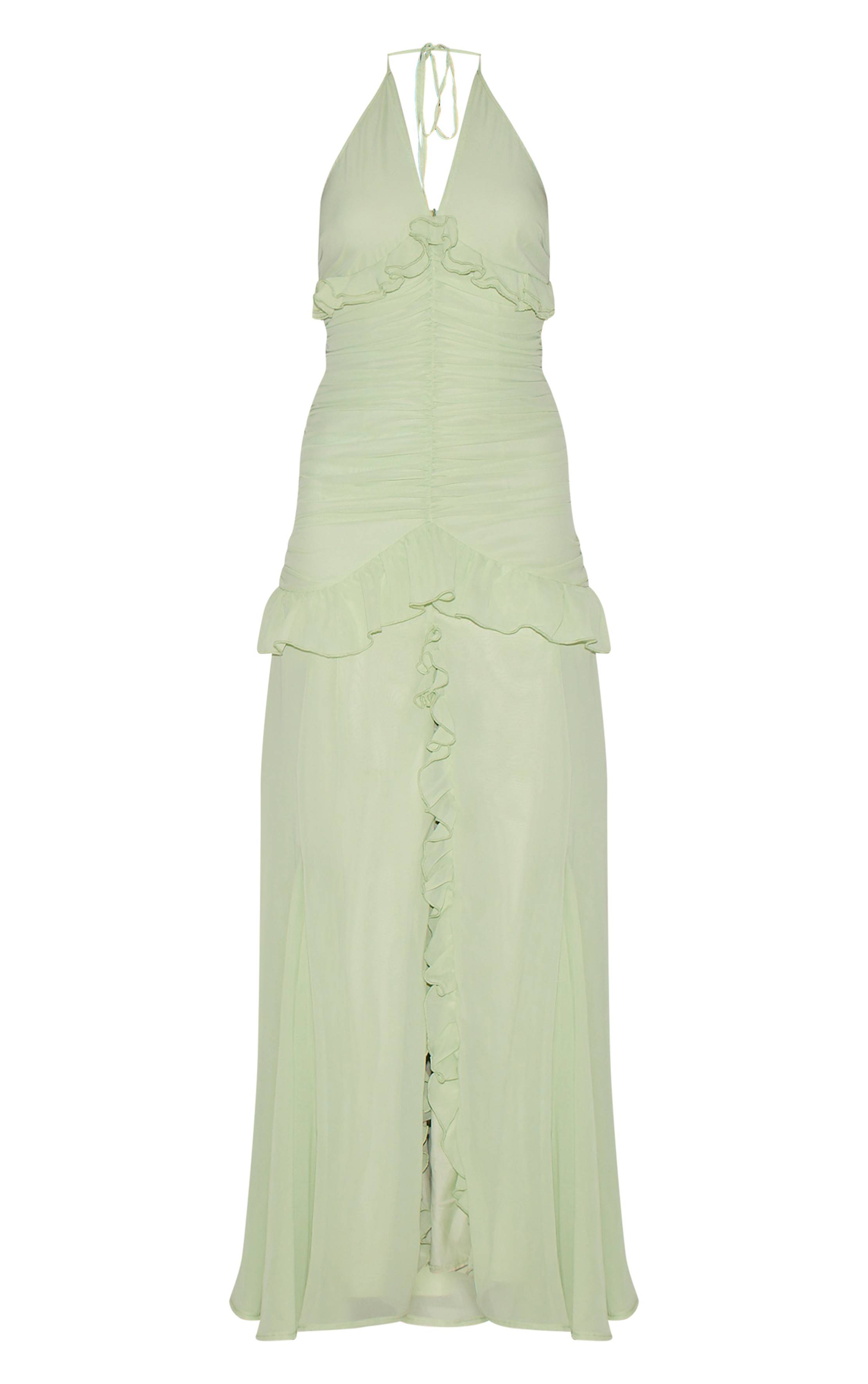 Vert Sauge Robe Longue Froncée À Volants Et Col Licou