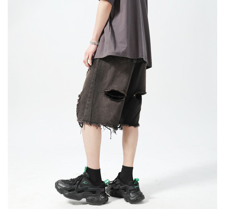 Hushgrain - Mid Rise Washed Distressed Denim Shorts