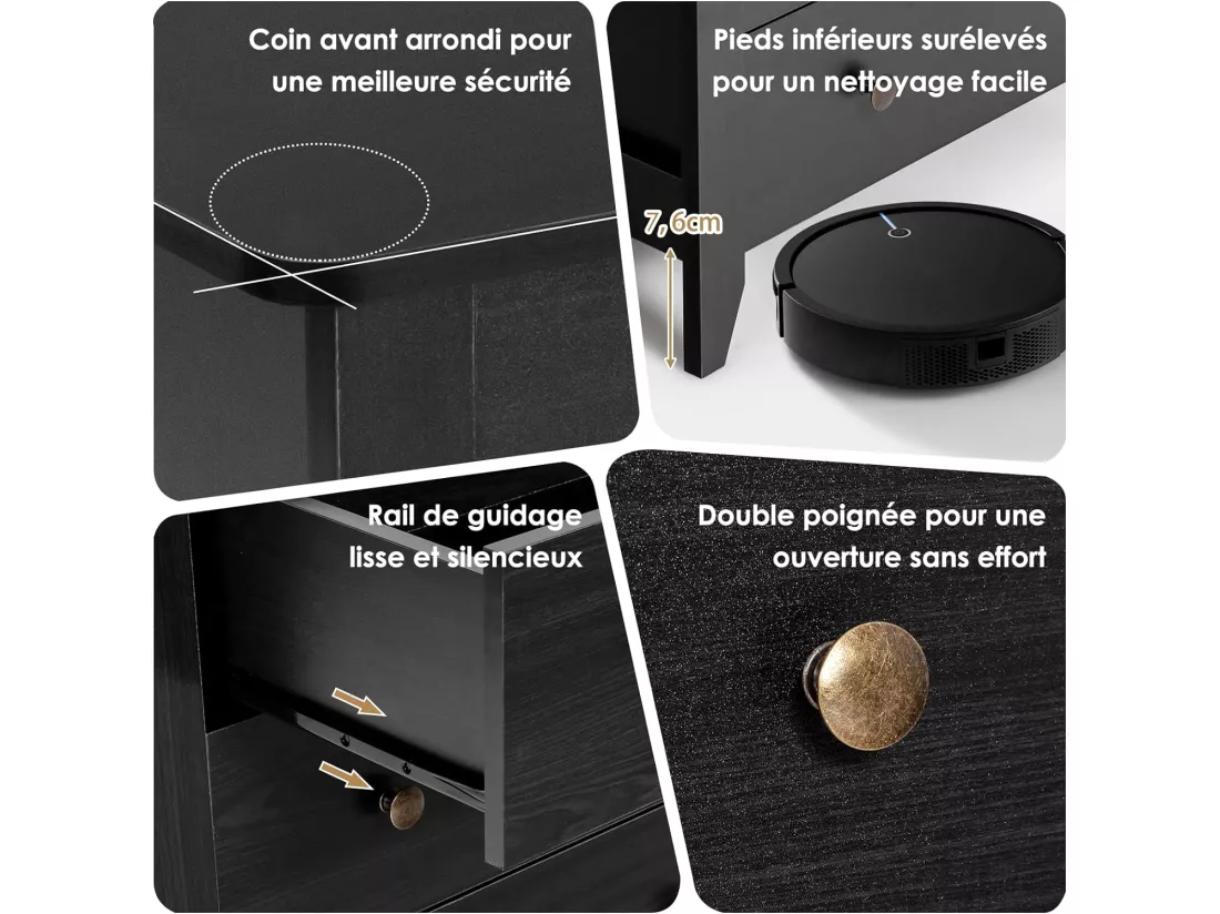 Commode Chambre Adulte, Commode 3 Tiroirs avec 4 Pieds, Meuble de Rangement en Bois pour Chambre, Salon, Entrée, Chambre d'enfant, 71 x 46 x 66 cm (Noir)