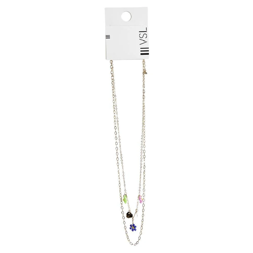 Collier 2 rangs avec pampilles dorées et fleurs colorées