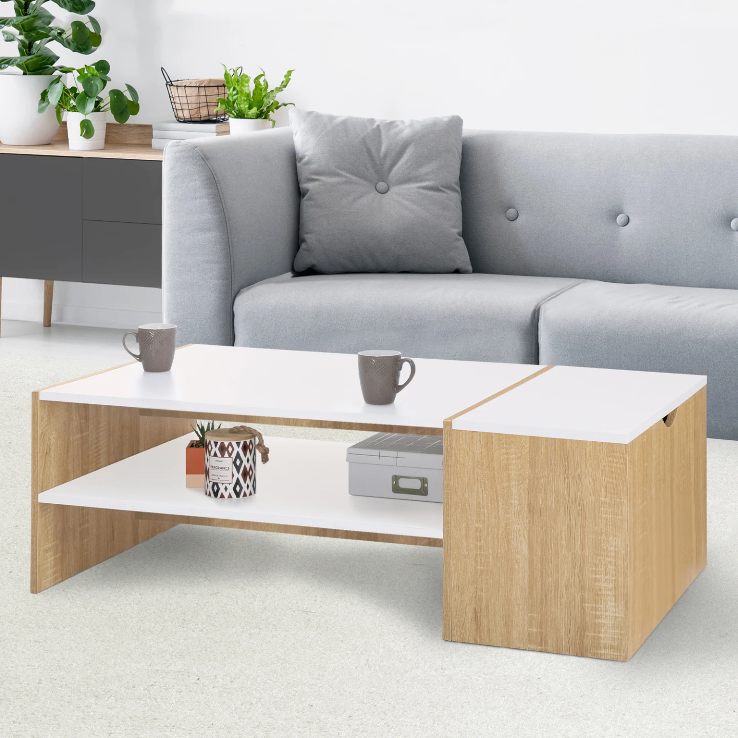 Table basse bar contemporaine IZIA avec coffre bois et plateaux blancs