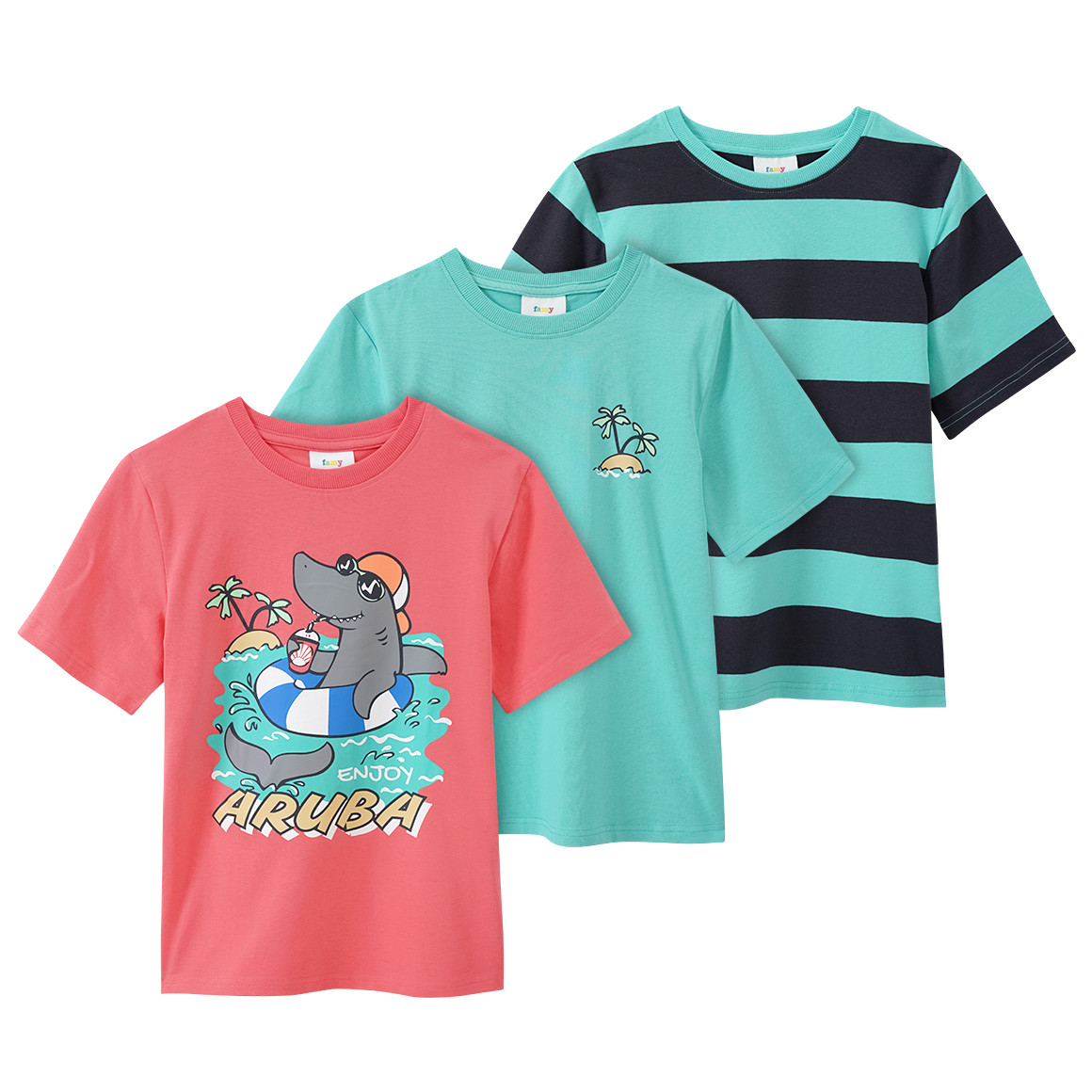 Famy 3 Jungen T-Shirts in verschiedenen Dessins hellrot / helltürkis / dunkelgrau