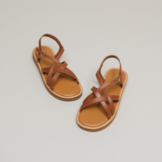 Sandales à plateformes et brides croisées  en cuir cognac