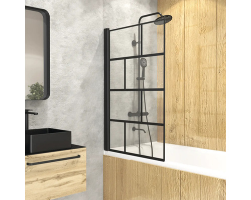 Badscherm, 1-delig, Aurlane Bricks, 75 x 125 cm, helder glas, profielkleur zwart, FAC591