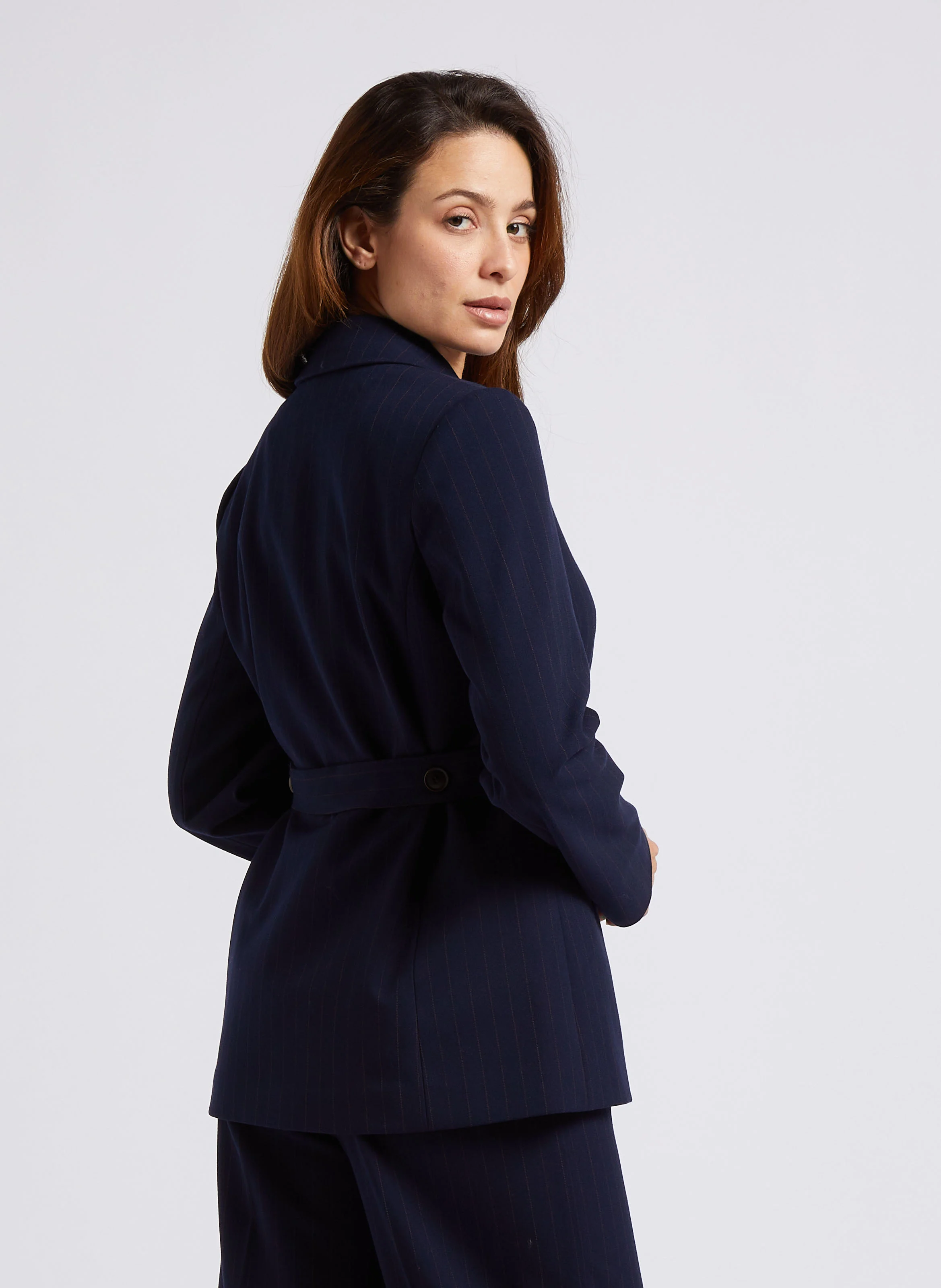 Blazer col tailleur à rayures ceinturé | Bleu