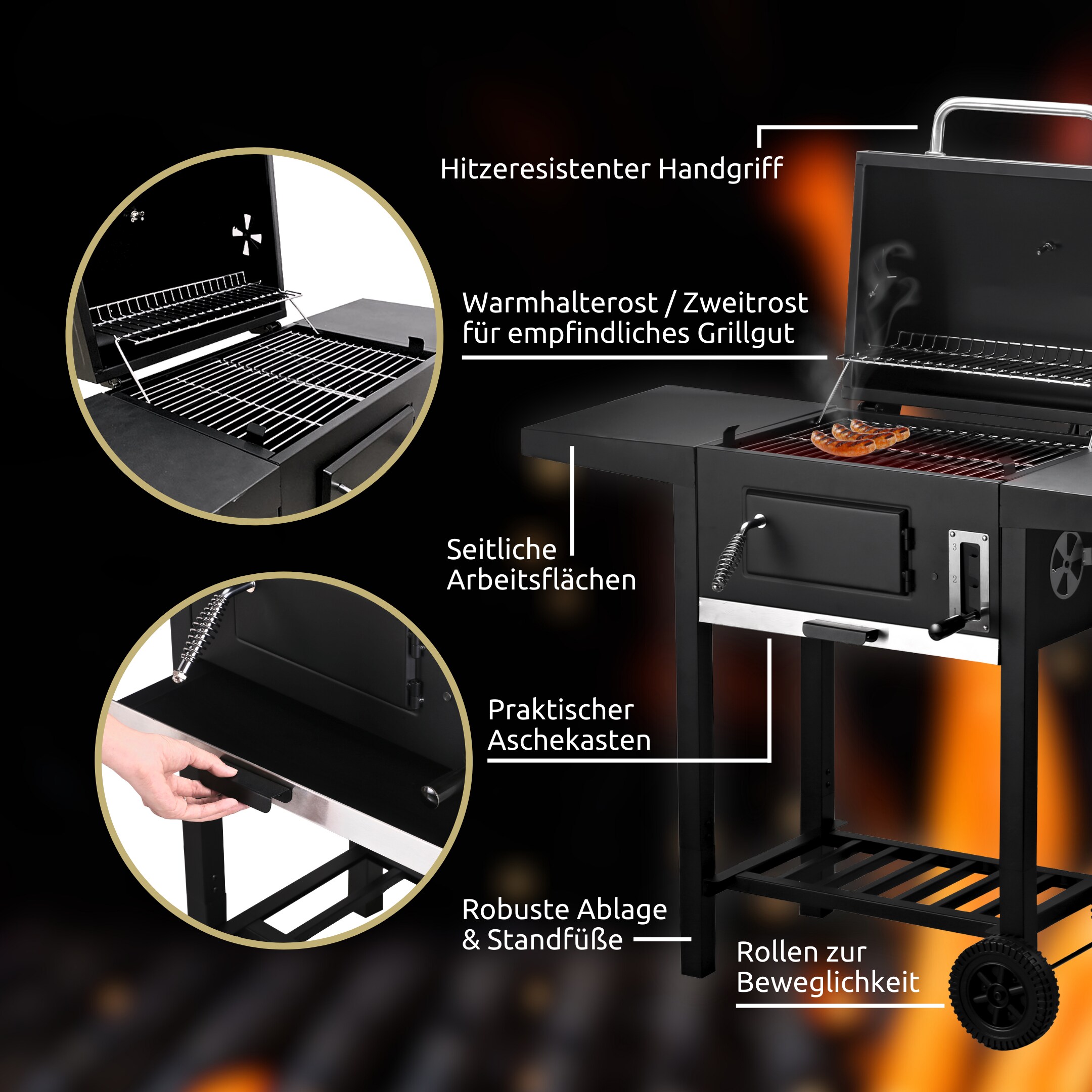 deluxe4home® Holzkohlegrill mit Deckel. - Grillwagen I 2 Ablagen, Thermometer uvm.