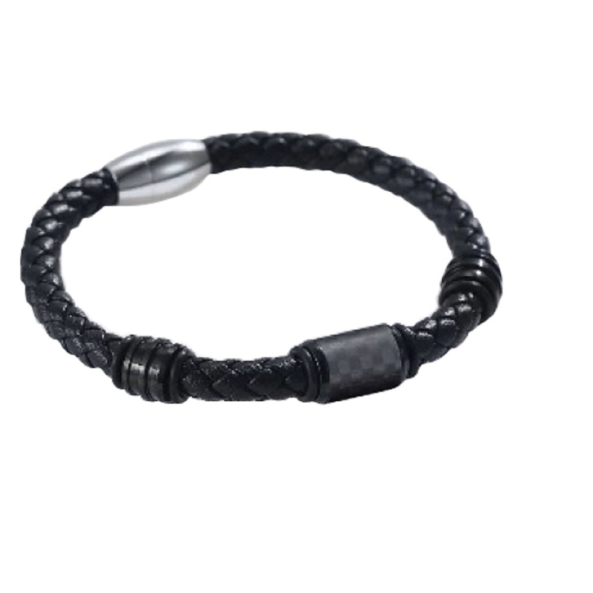 Bracelet jonc cuir tressé et insert acier FABIEN