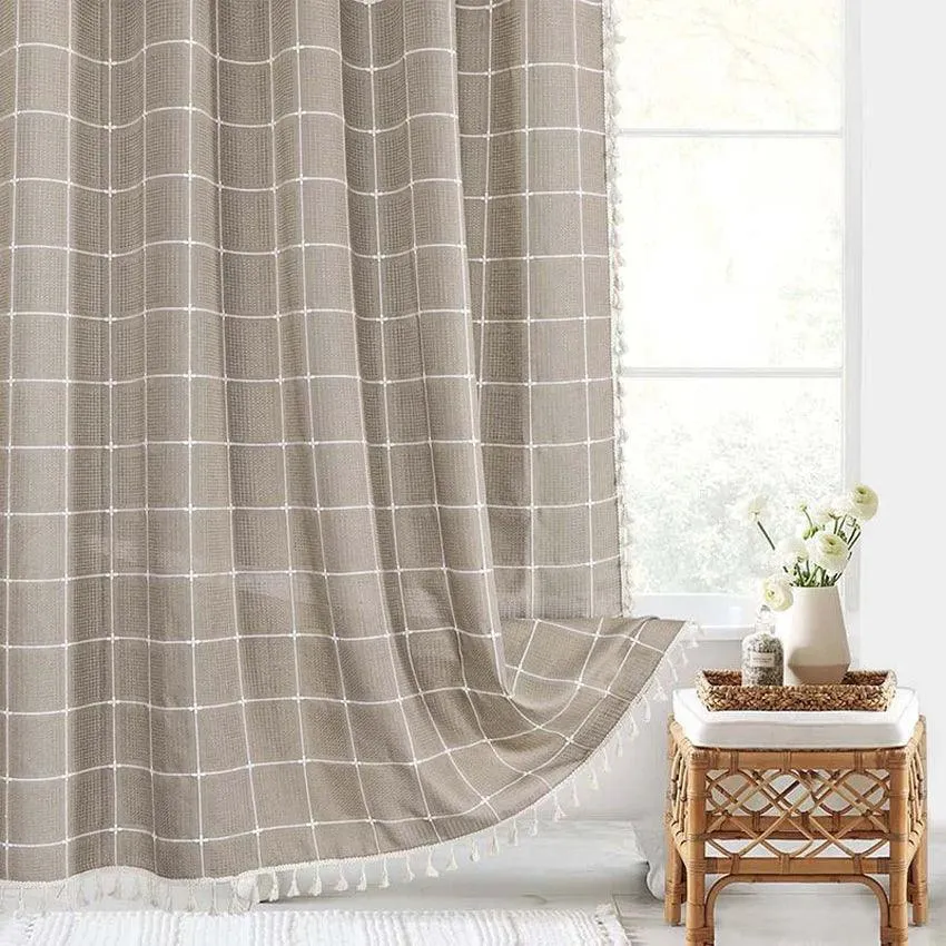 Modern Jacquard Linen Shower Curtain with Tassels (1 pcs)  | For Nordic Style Bathroom Decor