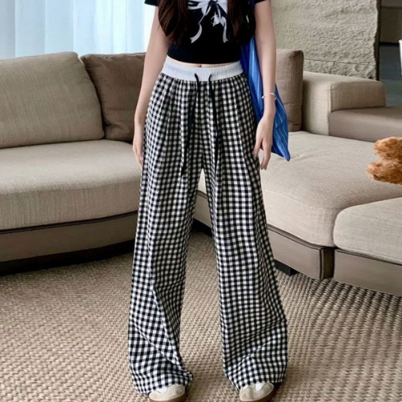 Inchioh - High Rise Gingham Wide Leg Pants