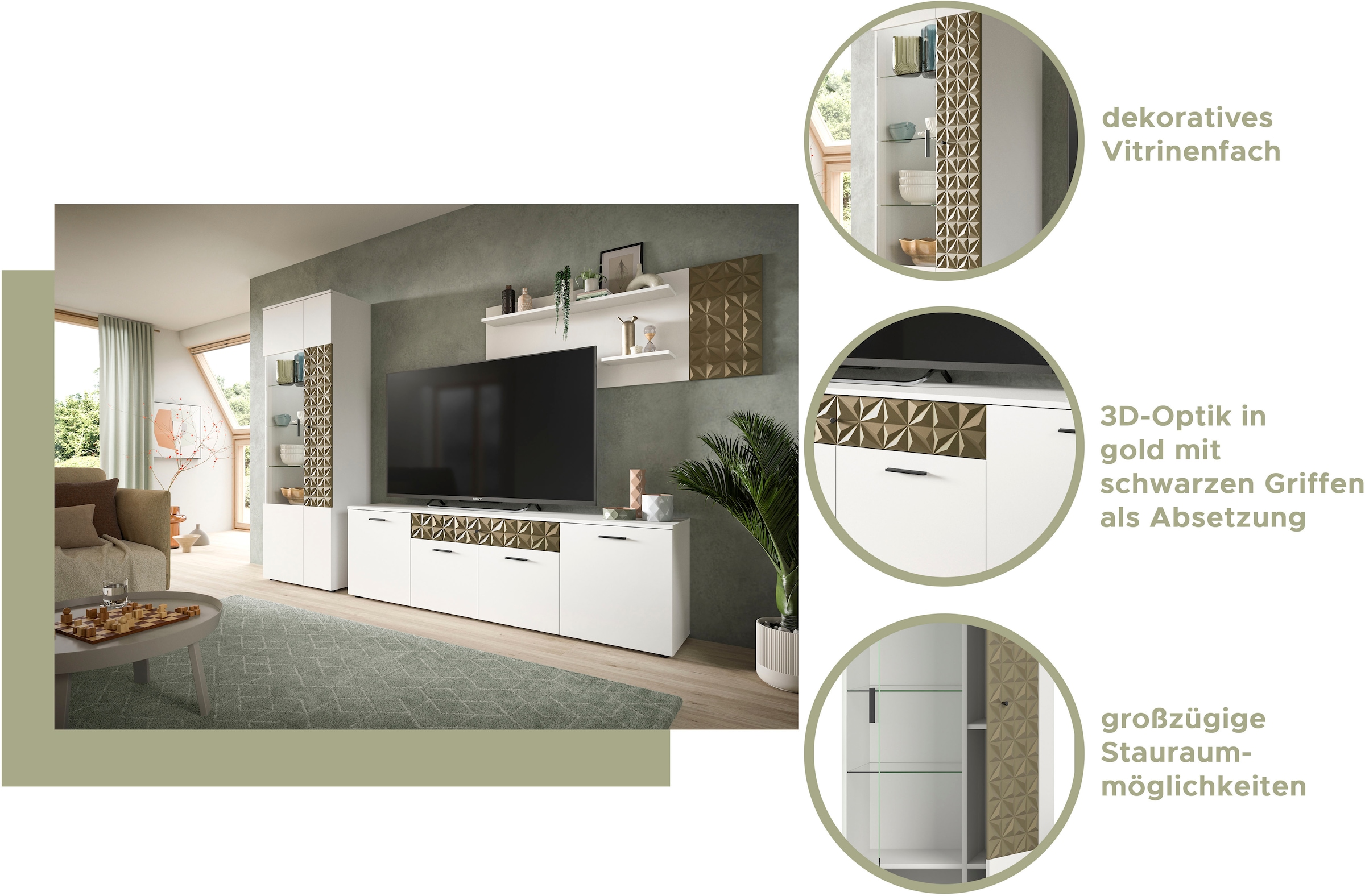 INOSIGN Lowboard »Vicenza, Breite 190cm, Ornamentabsetzung, 4 Türen, 1 Schubkasten« 8 Fächer, Metallgriffe, TV-Schrank, Fernsehschrank, Mediaboard