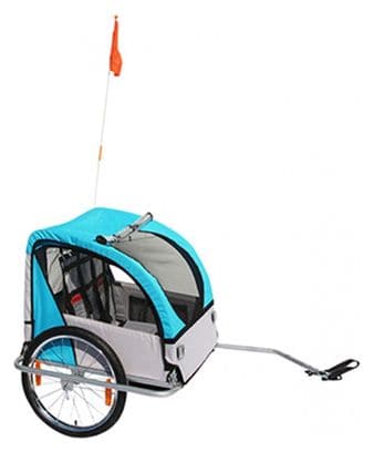 Remorque velo enfant couverte 2 places maxi 45kg colori bleu avec roues 20  à blocage et fixation axe de roue arriere - montage rapide sans outil (2 enfants de 18kgs et 1 bagage de 9kgs)