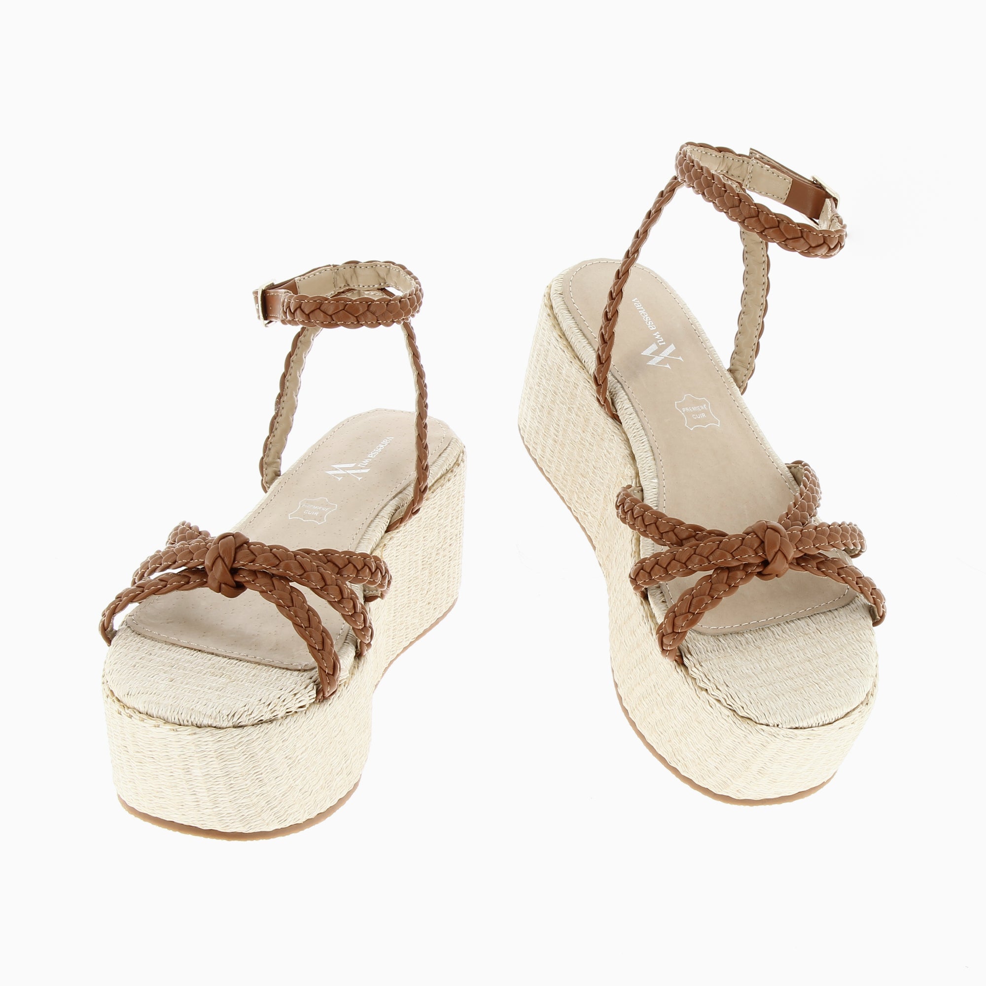 Sandales à talon, Compensées-Sandales à plateforme et brides tressées Catalina camel