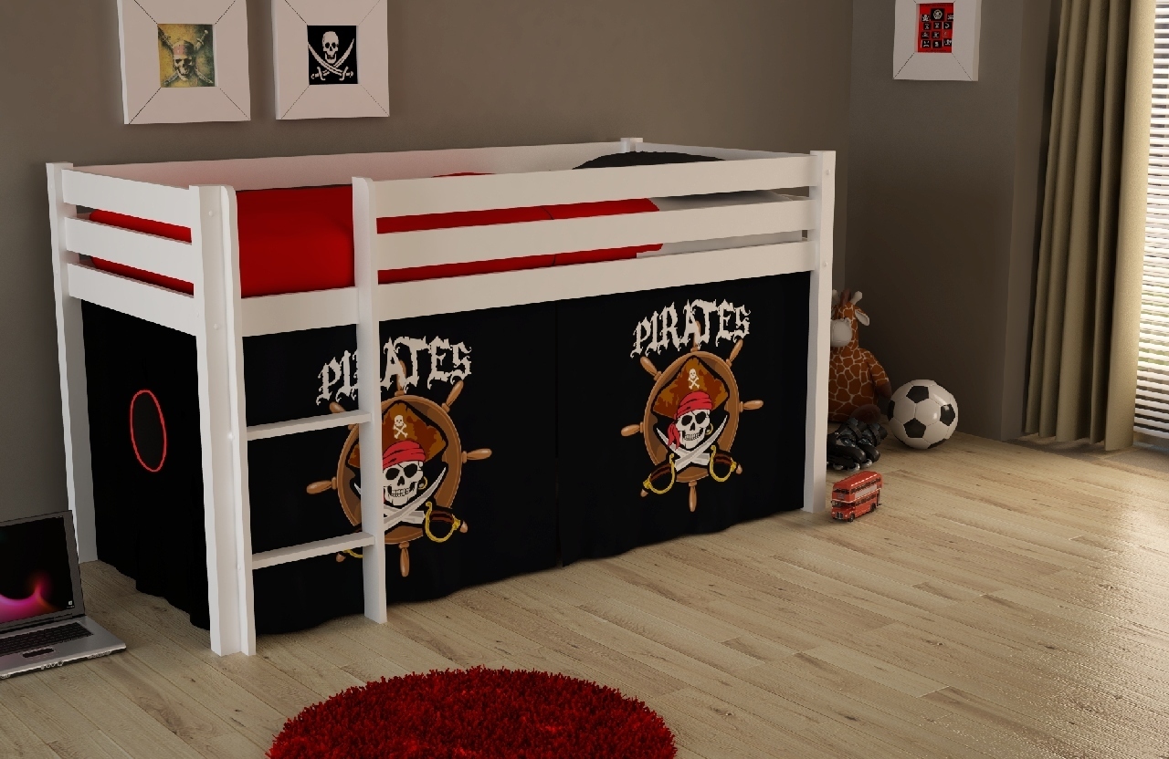 Halbhochbett PINO - Pirates - weiß Kiefer Massivholz - mit Leiter und Textilset - 90x200 cm