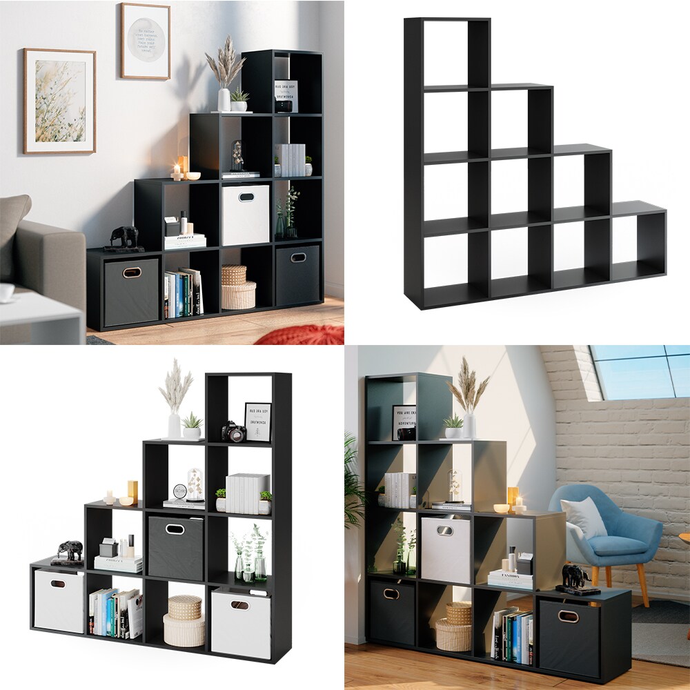 VICCO Treppenregal 10 Fächer Schwarz - Raumteiler Stufenregal Bücherregal