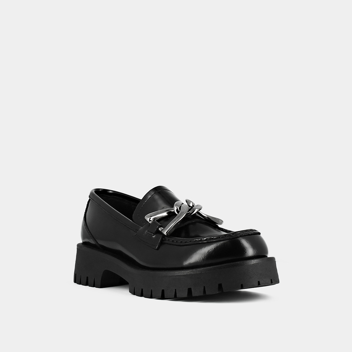 Mocassins à talons plats et mords  en cuir glacé noir