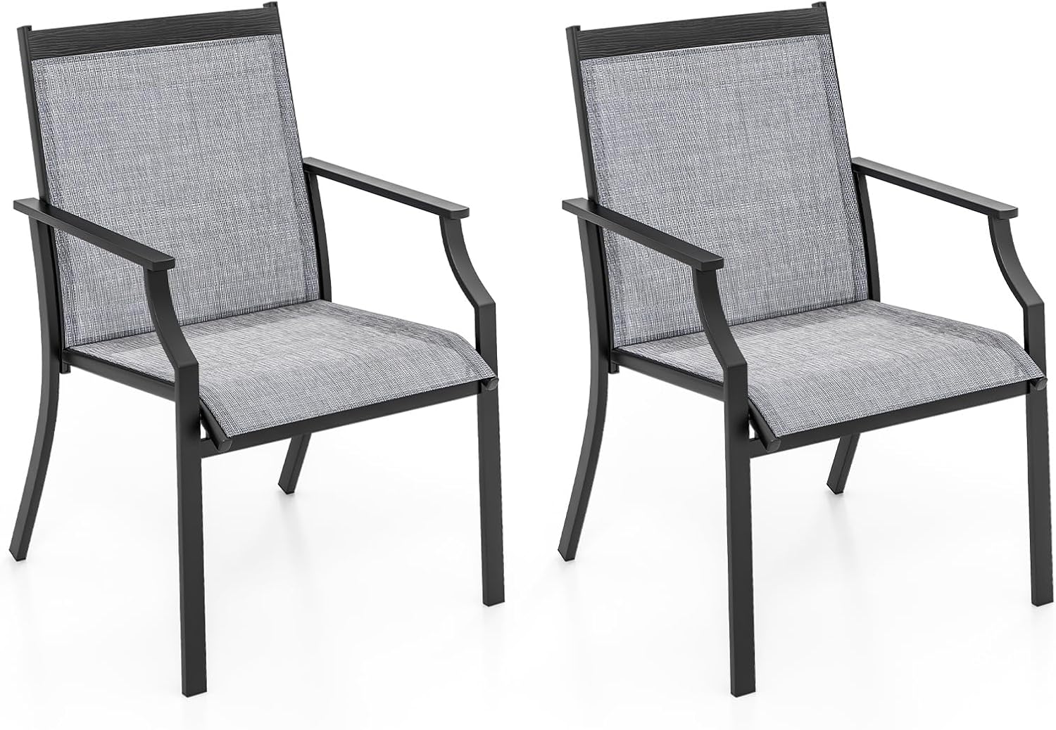 COSTWAY 2er Set Gartenstühle, Terrassenstühle mit breiter Sitzfläche & atmungsaktiver Sitzfläche, Balkonstühle, Outdoor-Stühle bis 150 kg belastbar, für Garten, Balkon, Poolbereich (Grau)
