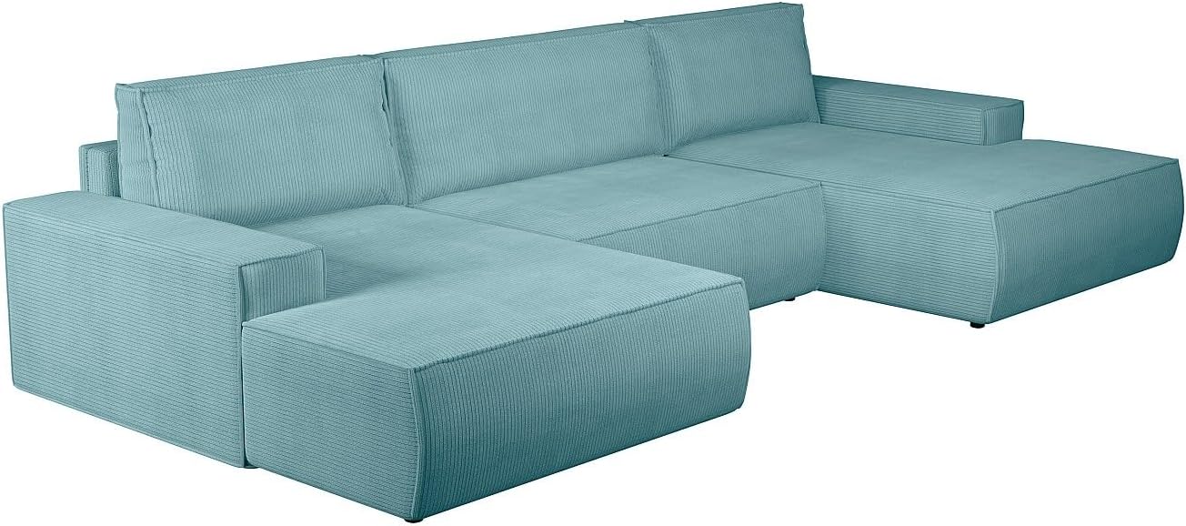 Vente-unique-Große Wohnlandschaft mit Schlaffunktion - Cord - Türkisblau - Amelia