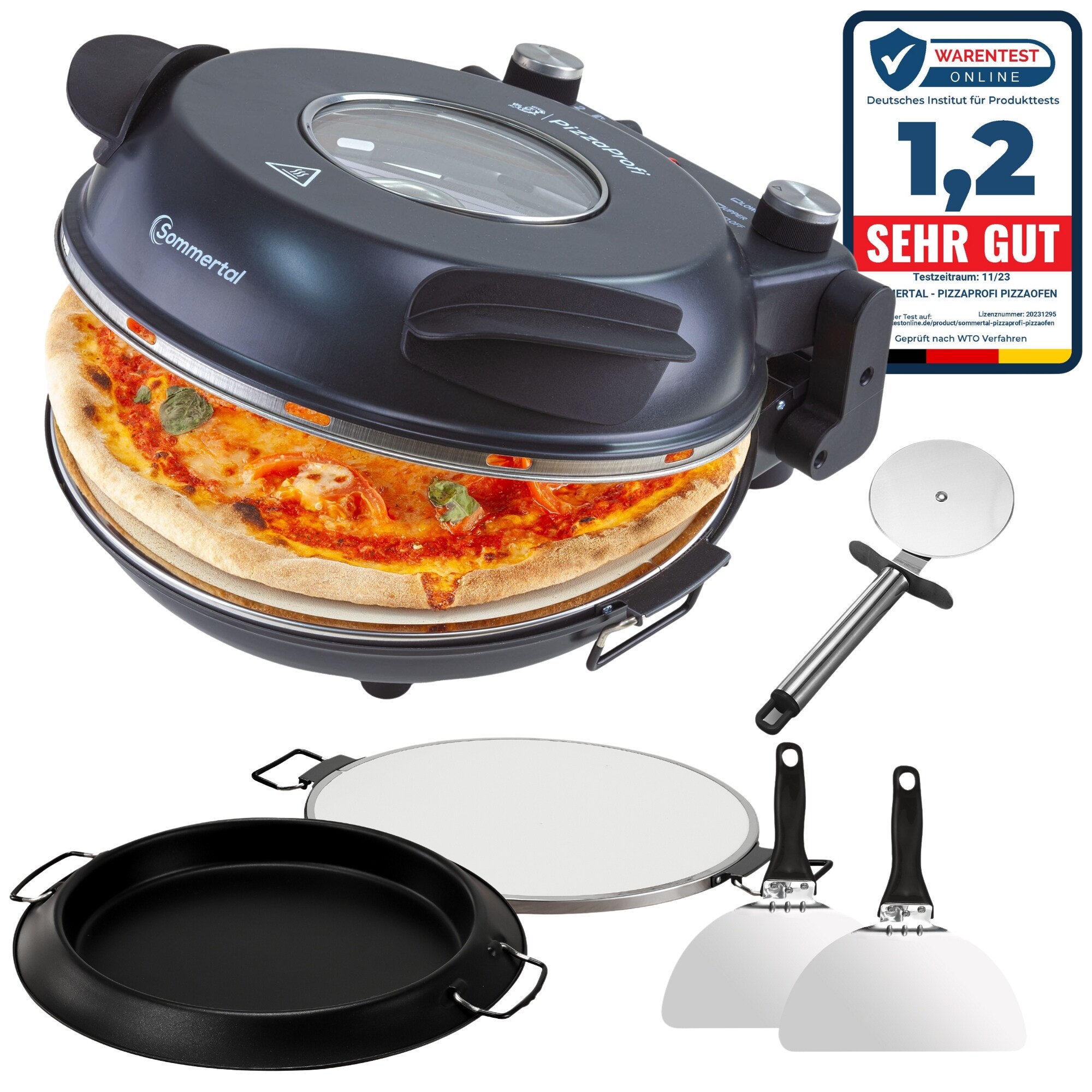 Sommertal PizzaProfi Pizzaofen, 32cm Pizzastein, schnelle 3-Minuten Pizza, 5-teiliges Set mit Pfanneneinsatz, 2x Pizzaschieber, Pizzaschneider, Steinplatte, Sichtfenster, max. 400°C