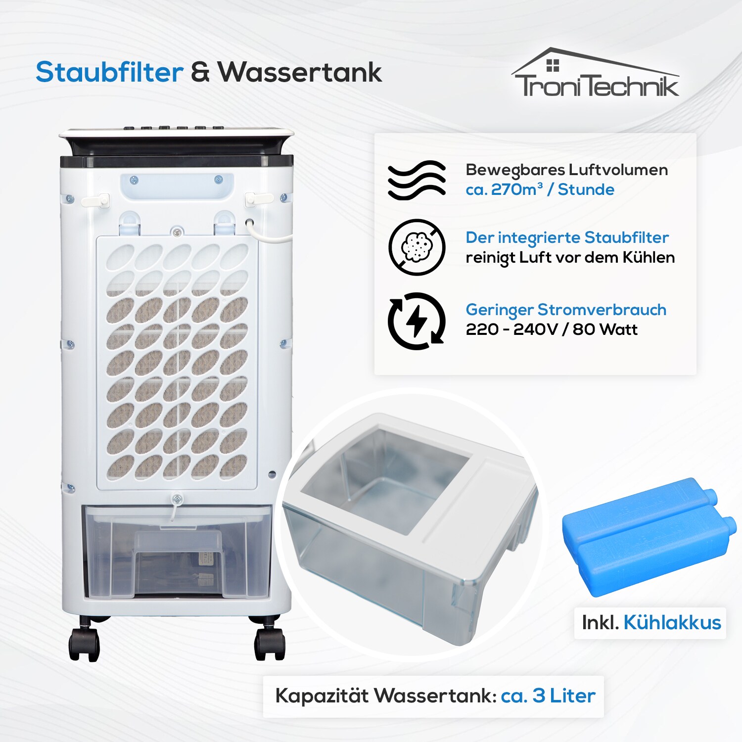 TroniTechnik® Mobiles Klimagerät 3in1 Klimaanlage Luftkühler LK02 Ventilator, inkl. Fernbedienung, Filter, 3in1 Air Cooler