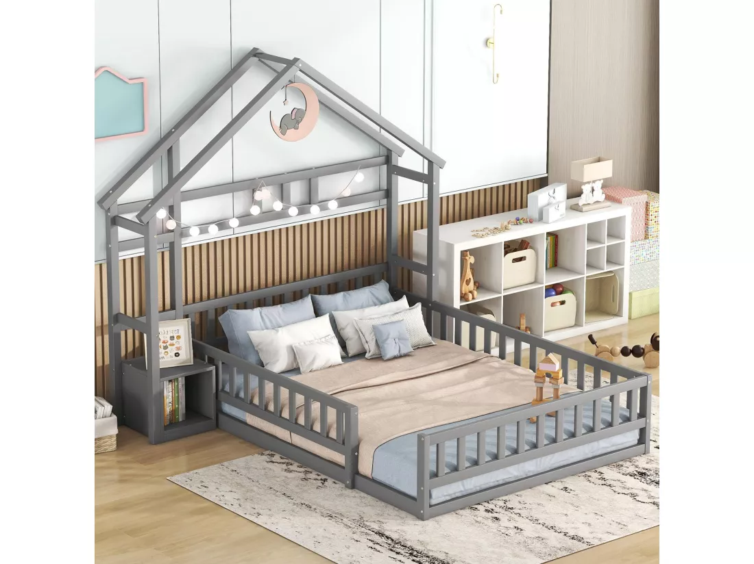 Lit d'enfant, 140 x 200 cm, lit plat, lit familial avec garde-corps, lit d'enfant avec tête de lit, gris