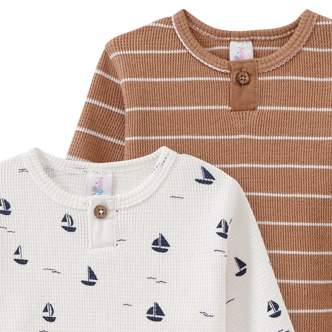 Topomini 2 Newborn Langarmshirts aus Waffel-Piqué hellbraun / weiss