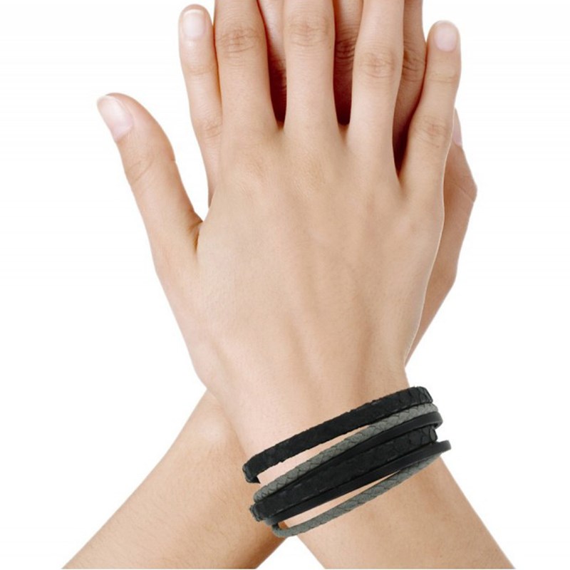 Bracelet Cuir Trois Matières Fermoir Acier Inoxydable - Classics - Noir