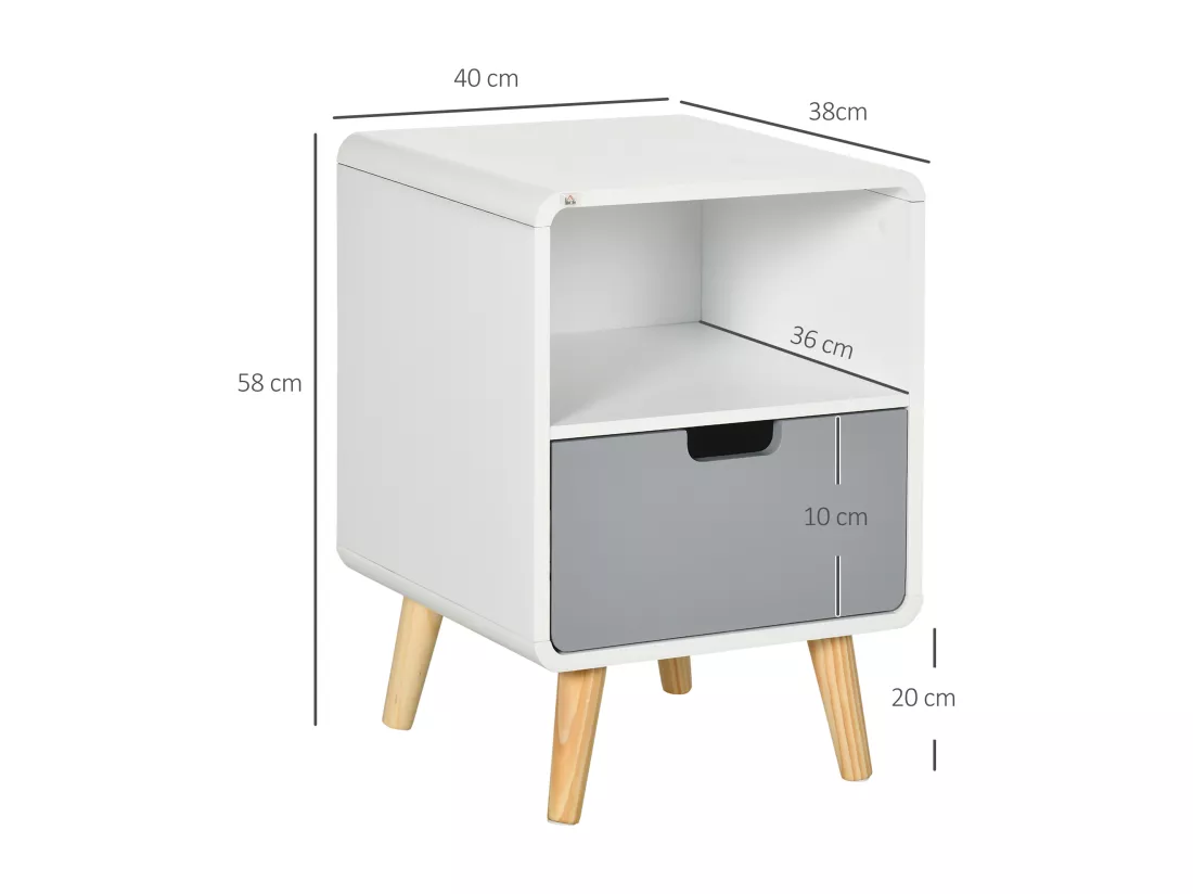 Chevet table de nuit design scandinave 40L x 38l x 58H cm tiroir + niche bois massif pin MDF blanc bleu gris