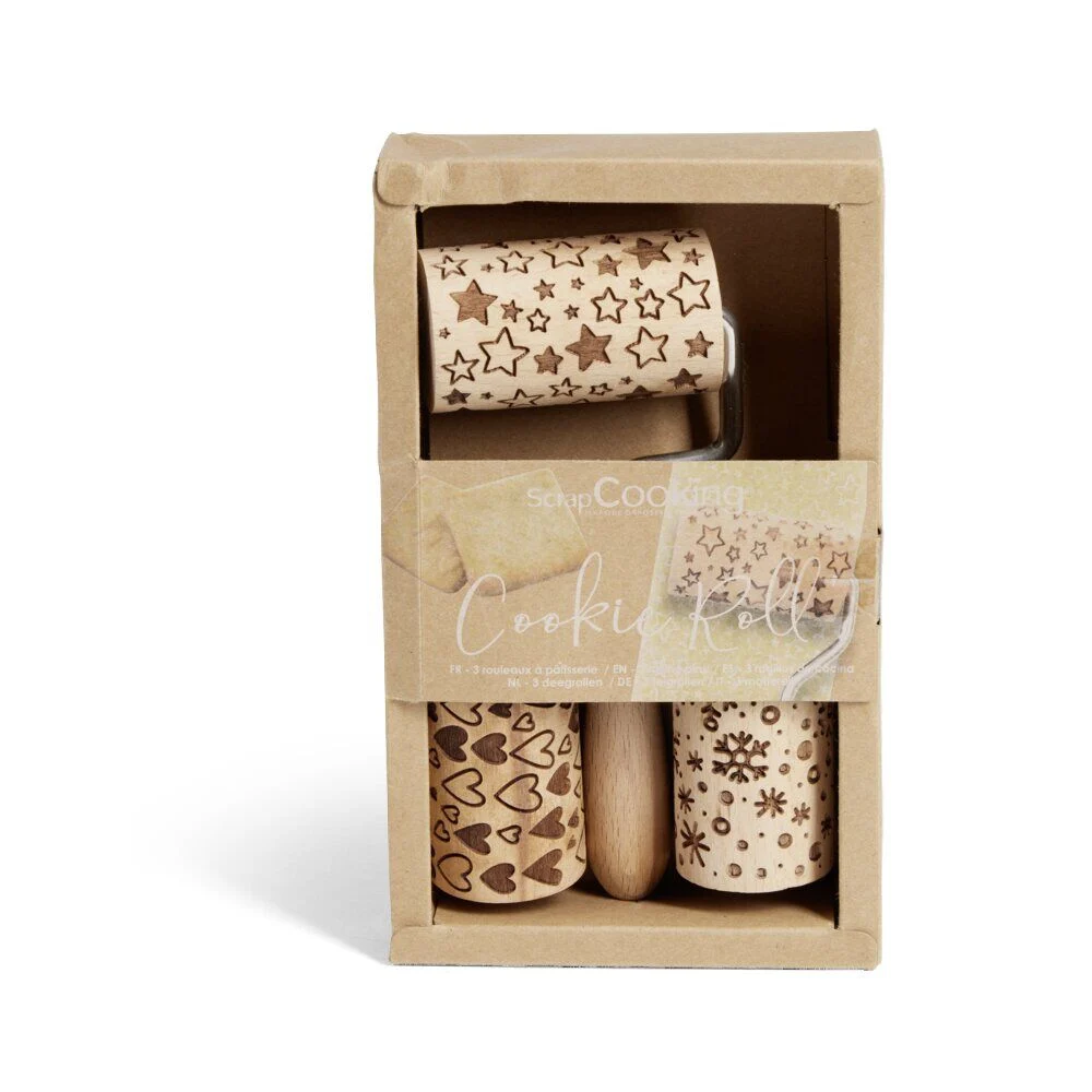 Lot de 3 mini rouleaux à pâtisserie en bois à motifs étoile/flocon/coeur