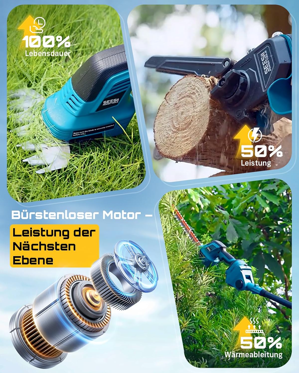 SEESII 6-in-1 Mini Kettensäge & Akku Heckenschere Set, Hochentaster mit 2 * 4000mAh Akkus, Maximale Reichweite bis zu 4,57m, Geeignet für Gartenpflege und zum Holzfällen