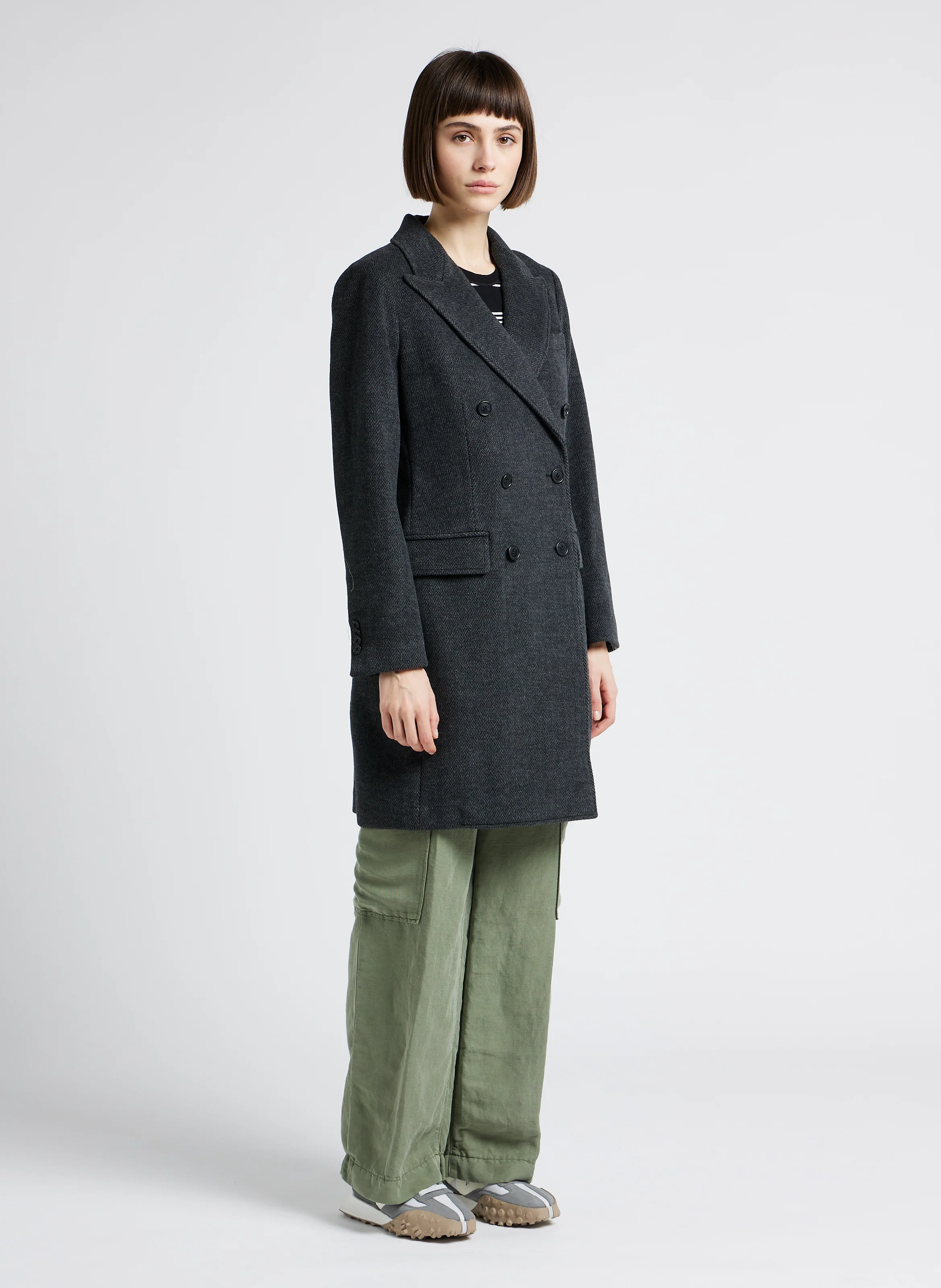 Manteau droit col tailleur en coton mélangé| Gris