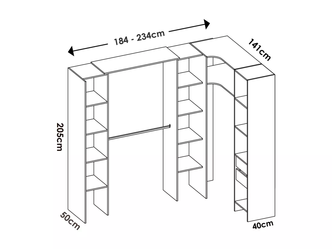 Kit armoire dressing d'angle extensible en bois mélaminé coloris chêne naturel - Longueur 164-234 x Profondeur 141 x Hauteur 205 cm