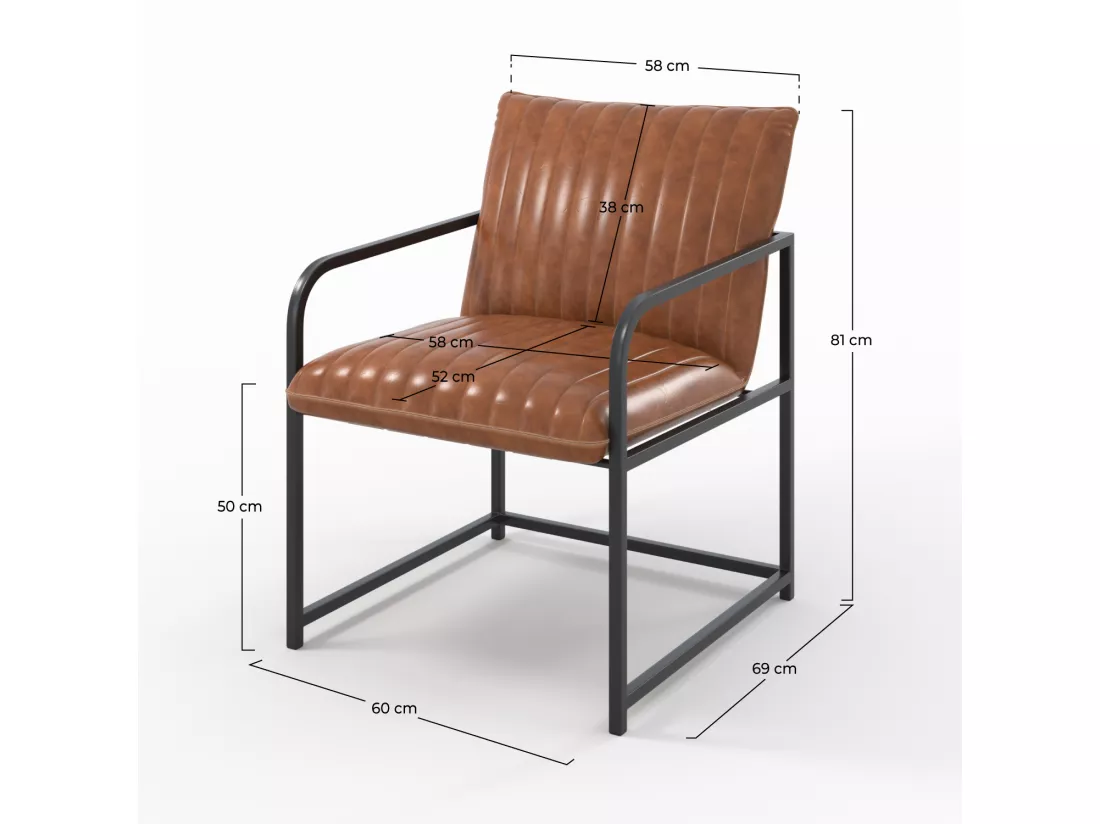 Fauteuil en cuir marron et métal noir - Armand