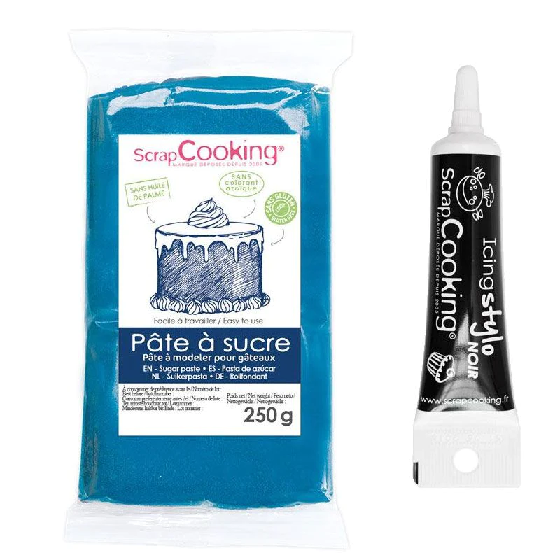 Pâte à sucre bleu foncé 250 g + Stylo de glaçage noir Scrapcooking
