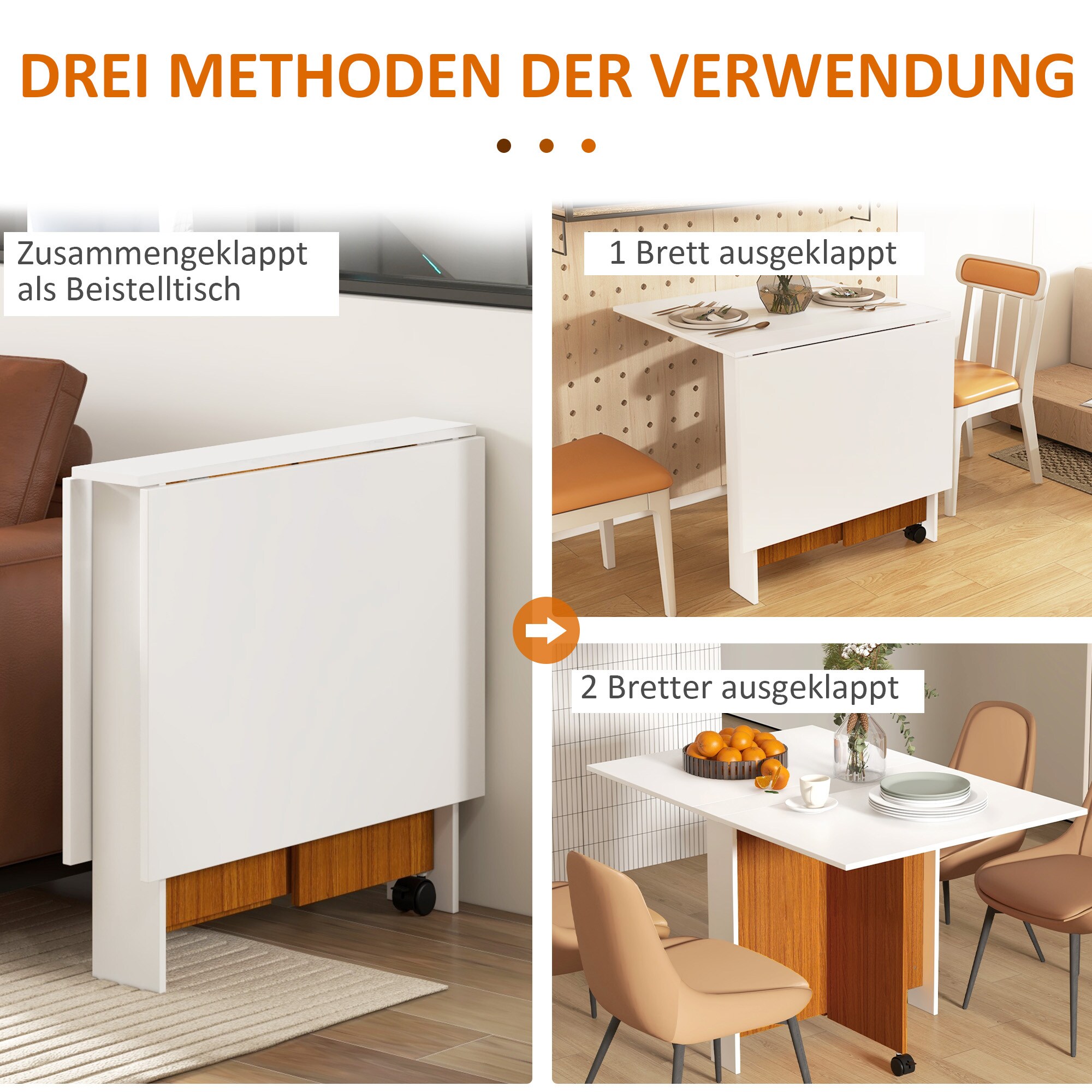 HOMCOM Klapptisch mit klappbarer Tischplatte weiß, natur 120L x 80B x 73H cm