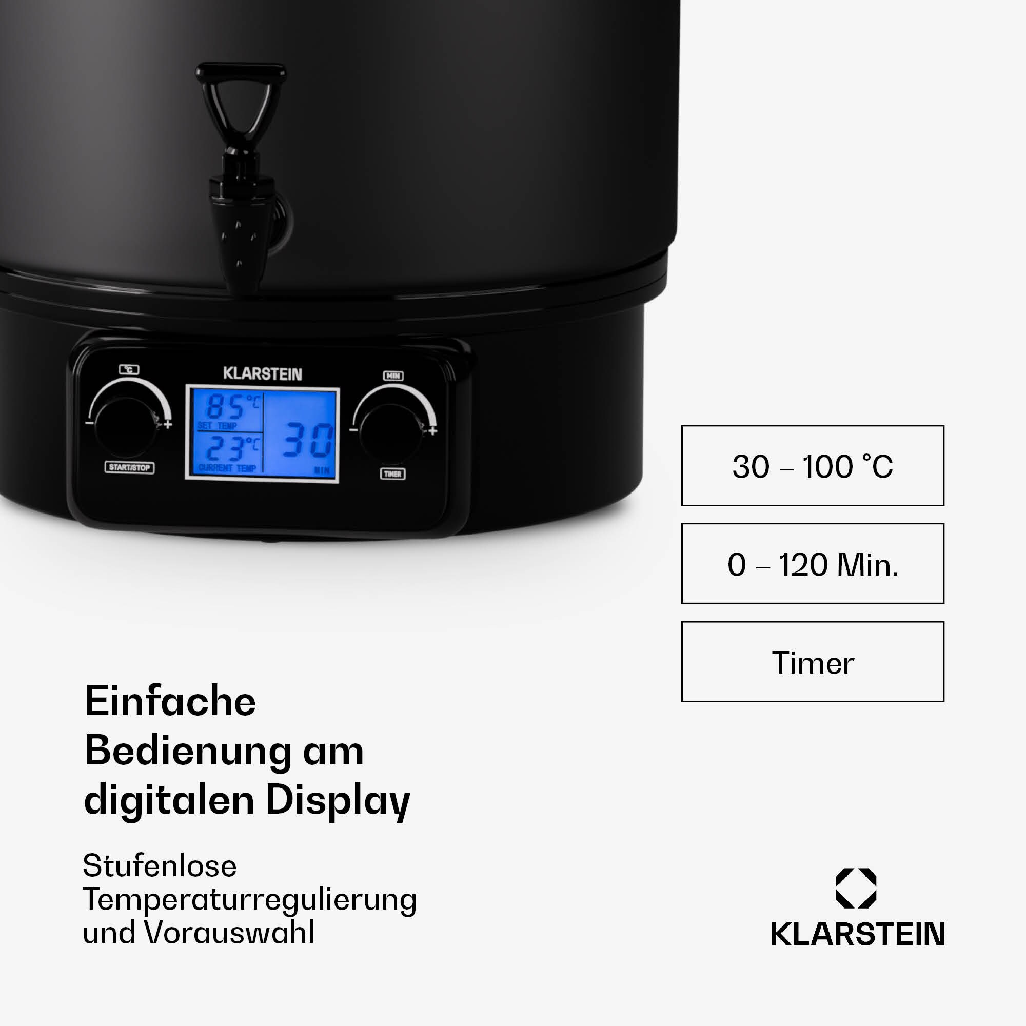 Biggie Digital Einkochtopf Getränkespender elektrisch 27L 2000W Edelstahl Matt-Schwarz 27 Liter