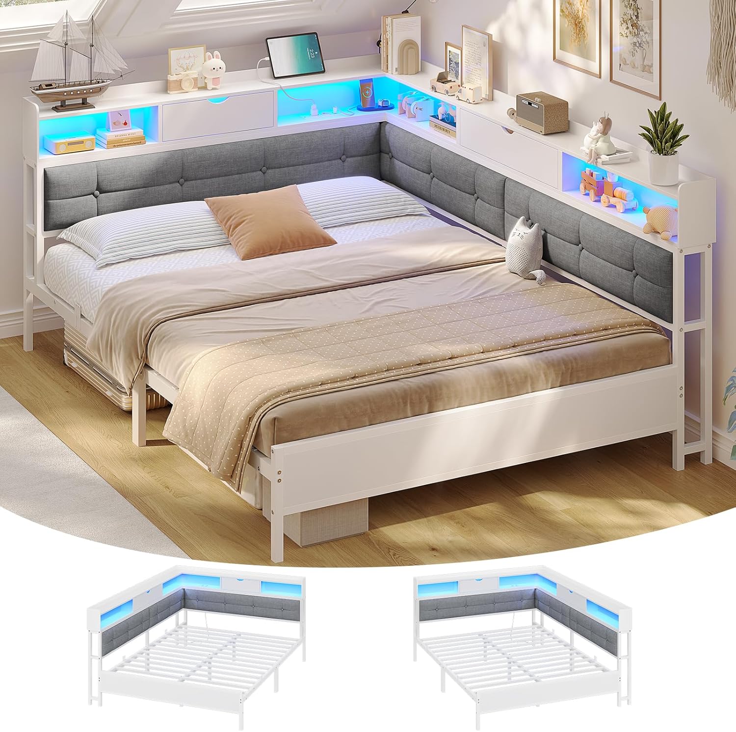 AOGLLATI Polsterbett Schlafsofa 140x200 mit 6 Staufächern Jugendbett 140x200 mit LED-Beleuchtung Tagesbett mit Steckdosen Gästebett Bettgestell mit Lattenrost aus Metall, Ohne Matratze (Weiß)