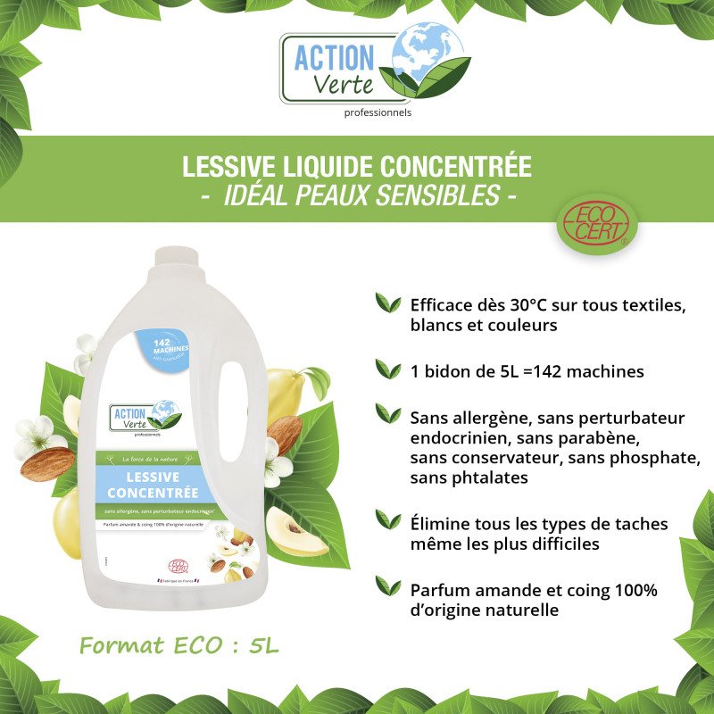 Lessive liquide Hypoallergénique Action verte - 142 lavages - Flacon de 5 L