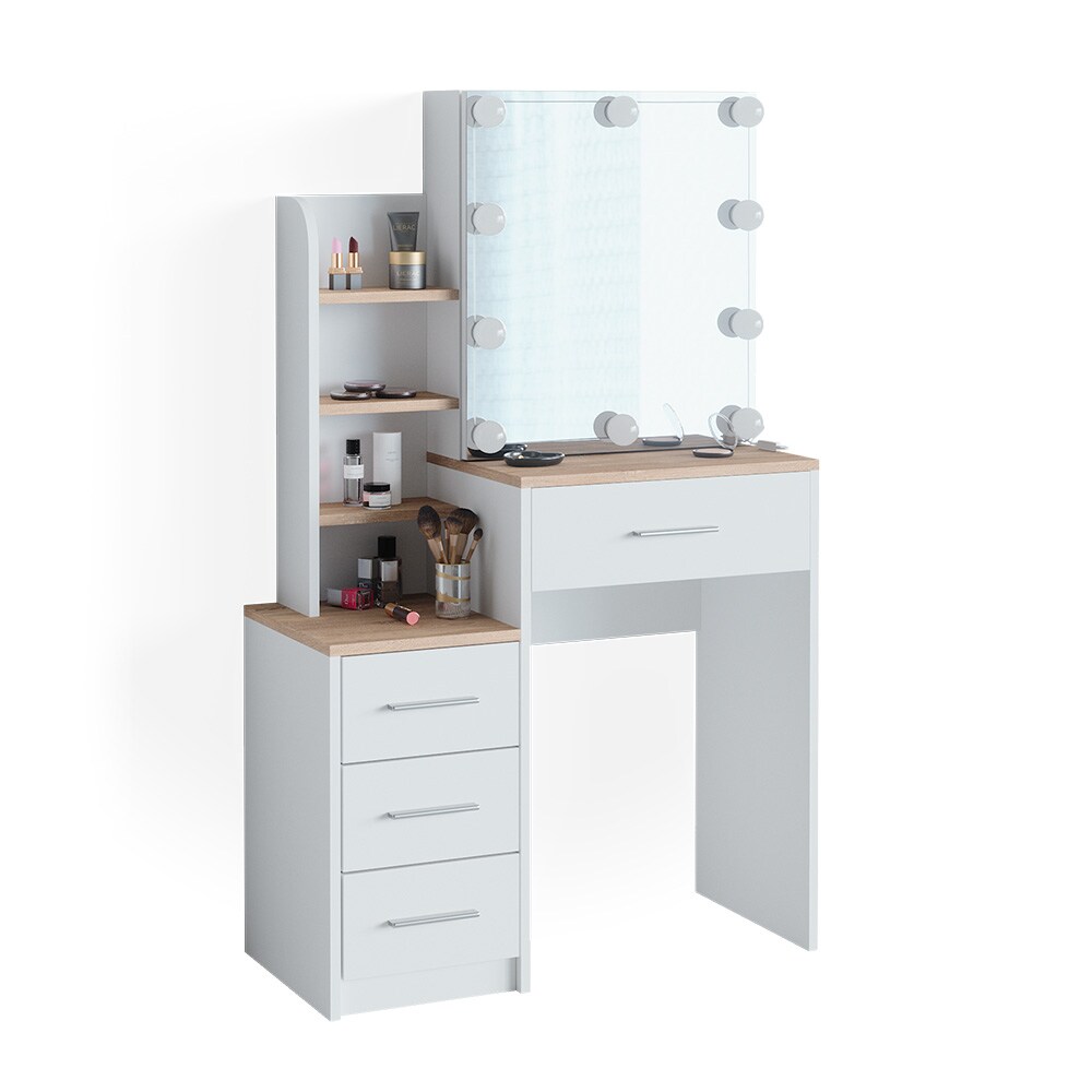 Vicco Schminktisch Frisiertisch Kosmetiktisch Conrada Weiß Sonoma Schminkspiegel 80x132 modern LED Beleuchtung Schlafzimmerkommode Schminkkommode Schublade Spiegelschrank Frisierkommode Make-Up-Tisch