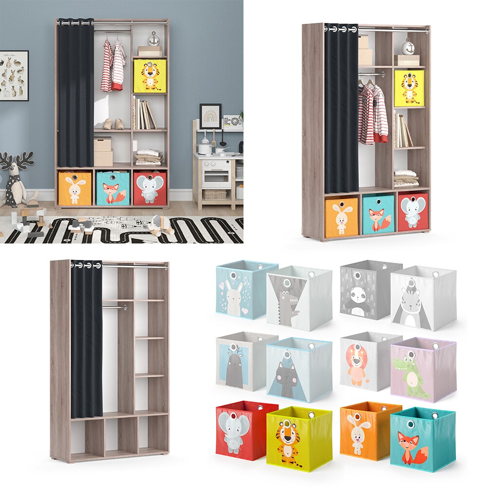 Vicco Kinderkleiderschrank Kinderzimmerschrank Kindergarderobe Luigi Sonoma Faltbox 106 x 178 cm modern Schrankregal Jugendzimmerschrank Organizer Vorhang Kleiderstange Fächer Aufbewahrung Spielzeugablage