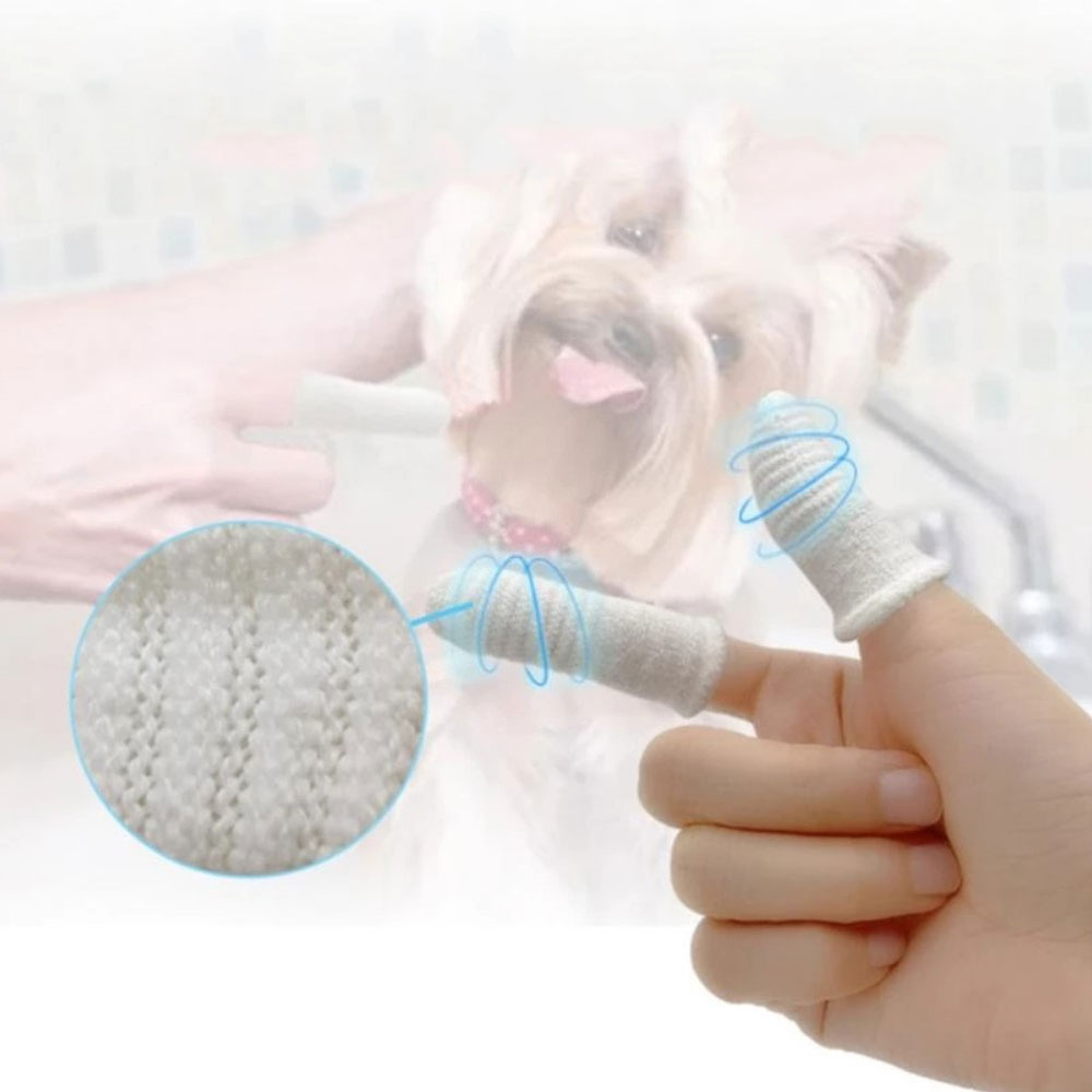 (2er Set) Baumwoll Finger Zahnbürste Haustier Zahnpflege Fingerling für Hunde / Katzen - Weiss