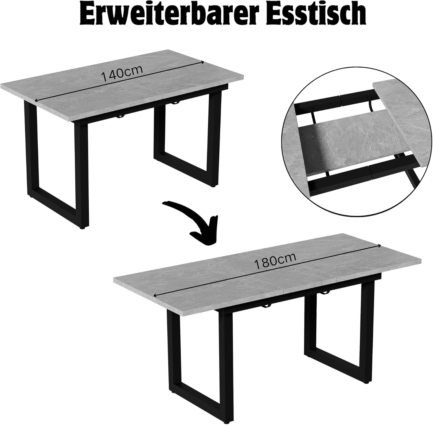 Merax Esstisch 140/180x80x75 cm, Ausziehbar Esszimmertisch mit Tischbeine aus Metall, Rechteckiger Küchentisch für Wohnzimmer und Esszimmer, Grau