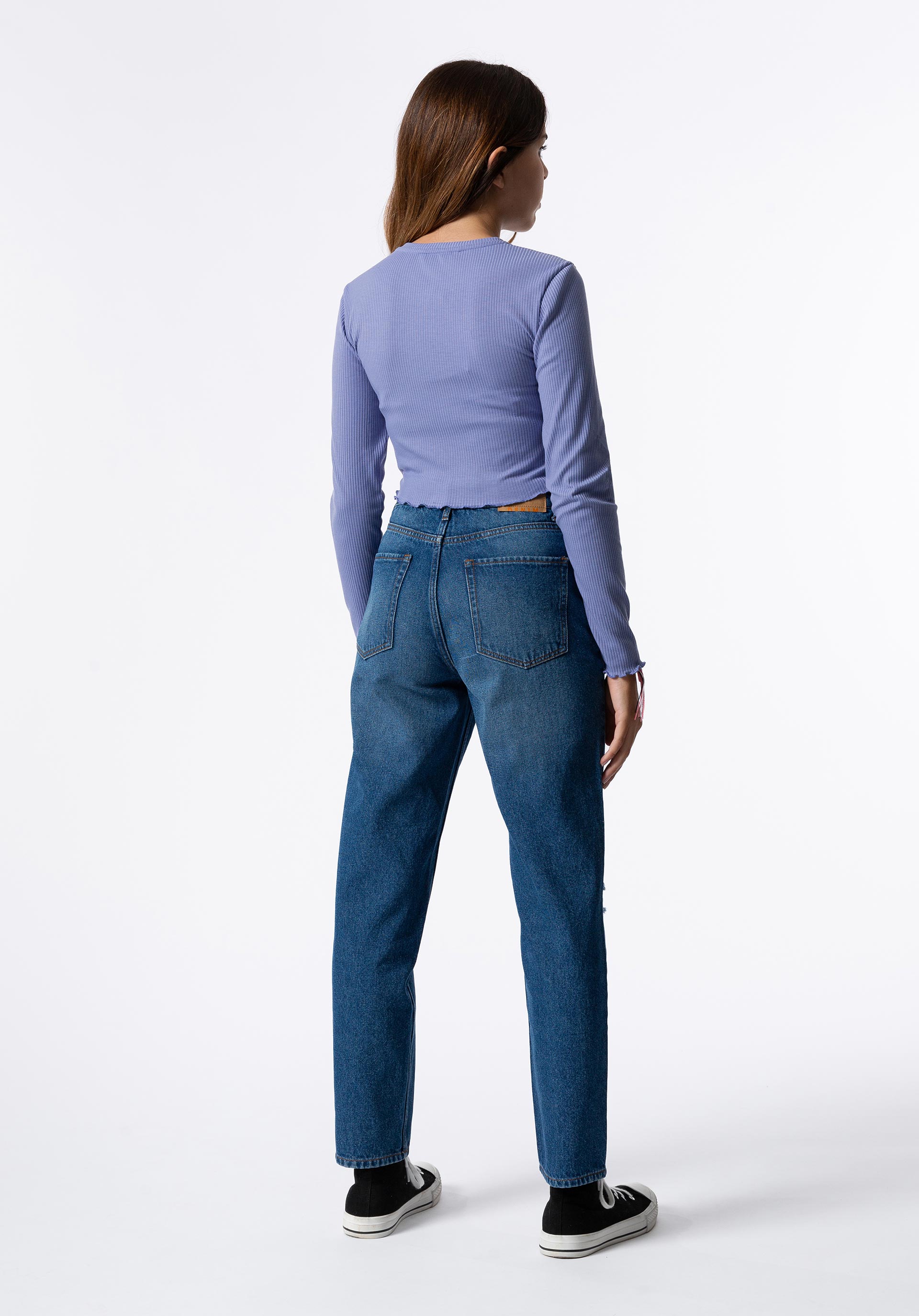Jeans Sadie Mom Fit Cintura Alta C/ Rasgões