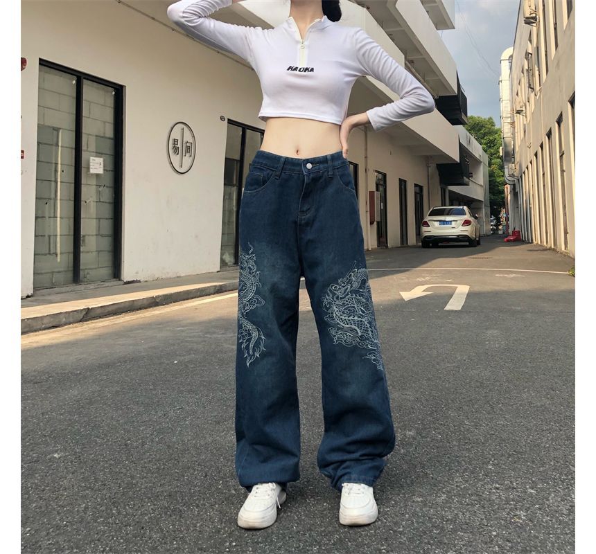 RONIN - Wijde jeans met middelhoge taille en geborduurde draak