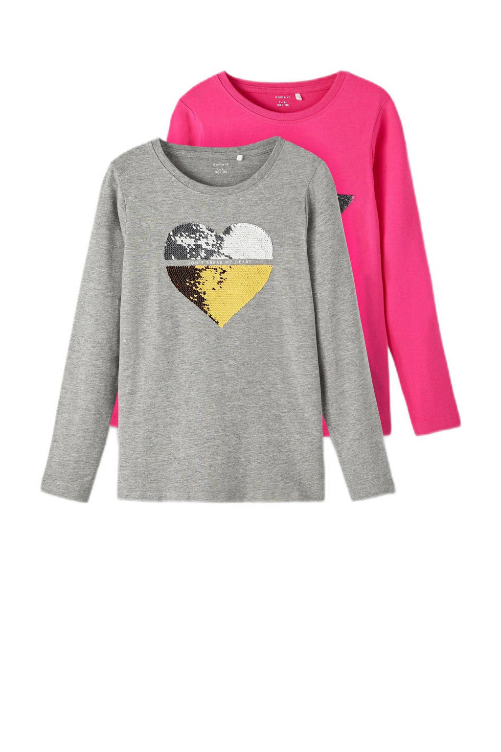 NAME IT longsleeve NKFBISTAR - set van 2 met pailletten fuchsia/grijs melange