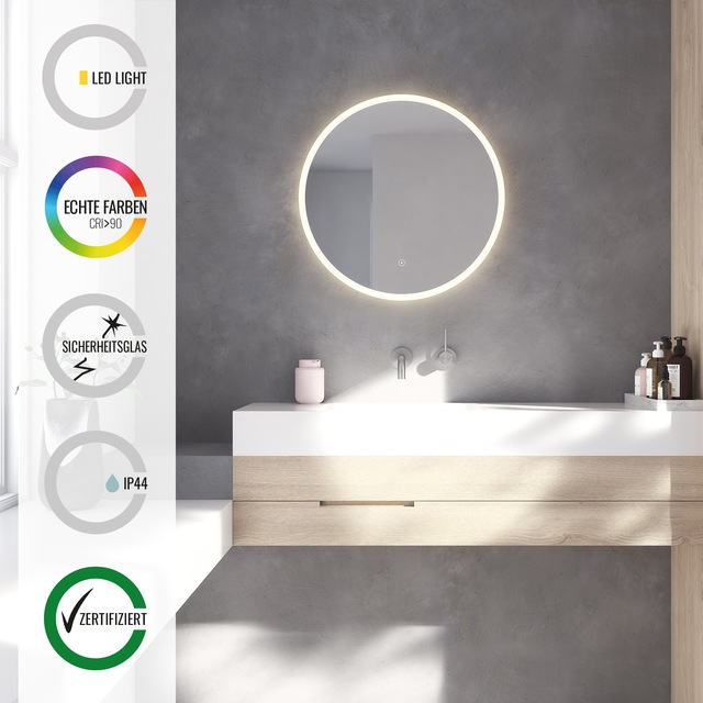 Loevschall Badspiegel »Atlas Rund, Badezimmerspiegel mit LED Beleuchtung, Lichtspiegel« Touchpanel für Lichtsteuerung, Verstellbarer Spiegel, Dänisches Design