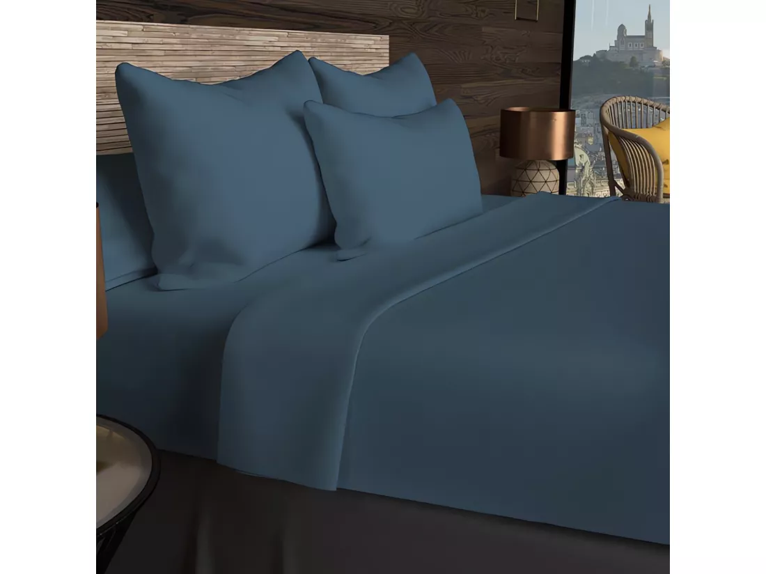 Drap housse en coton 57 fils 90x190 cm UNI bleu canard, par Soleil d'ocre