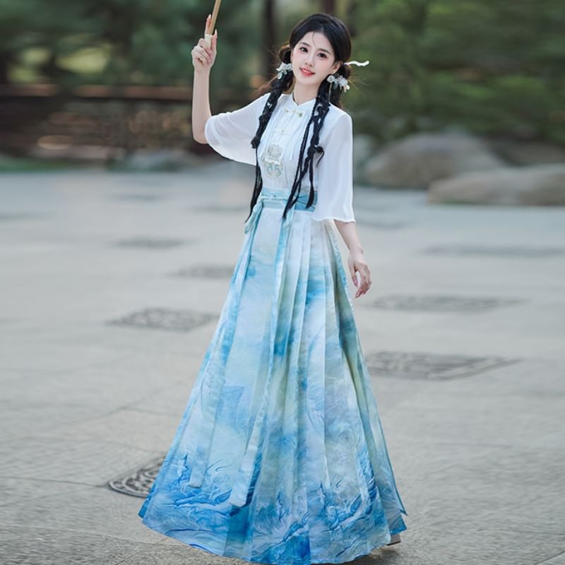 Fioridi - Hanfu-top met korte mouwen, geborduurd met bloemenmotief en knopen, / Midi-rok met hoge taille en zeeprint