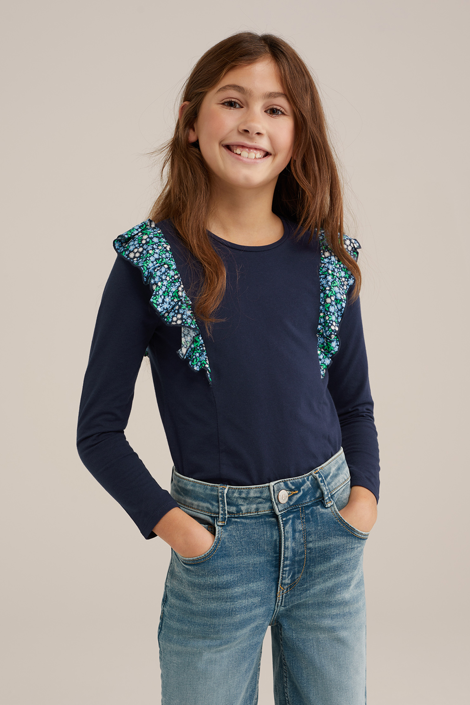 Meisjes T-shirt met ruches WE Fashion Donkerblauw
