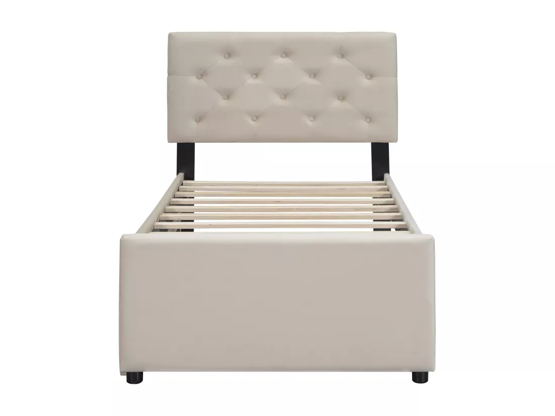 Lit simple 90x200cm en velours - avec un lit gigogne - avec sommier à lattes - Beige (matelas non inclus)